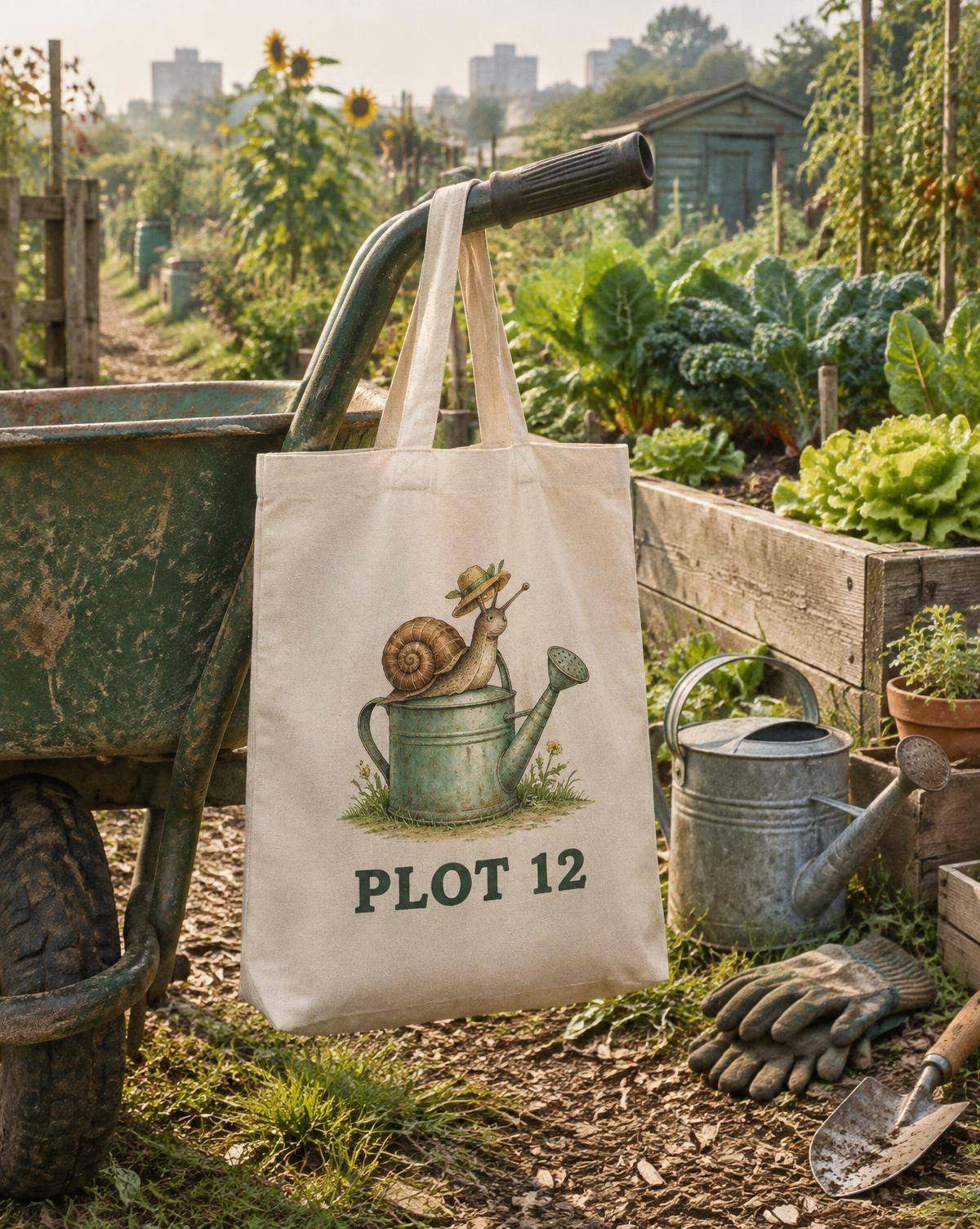 Natural Plot 12 tote with a snail in a hat on a watering can, hanging on a wheelbarrow at the allotment.