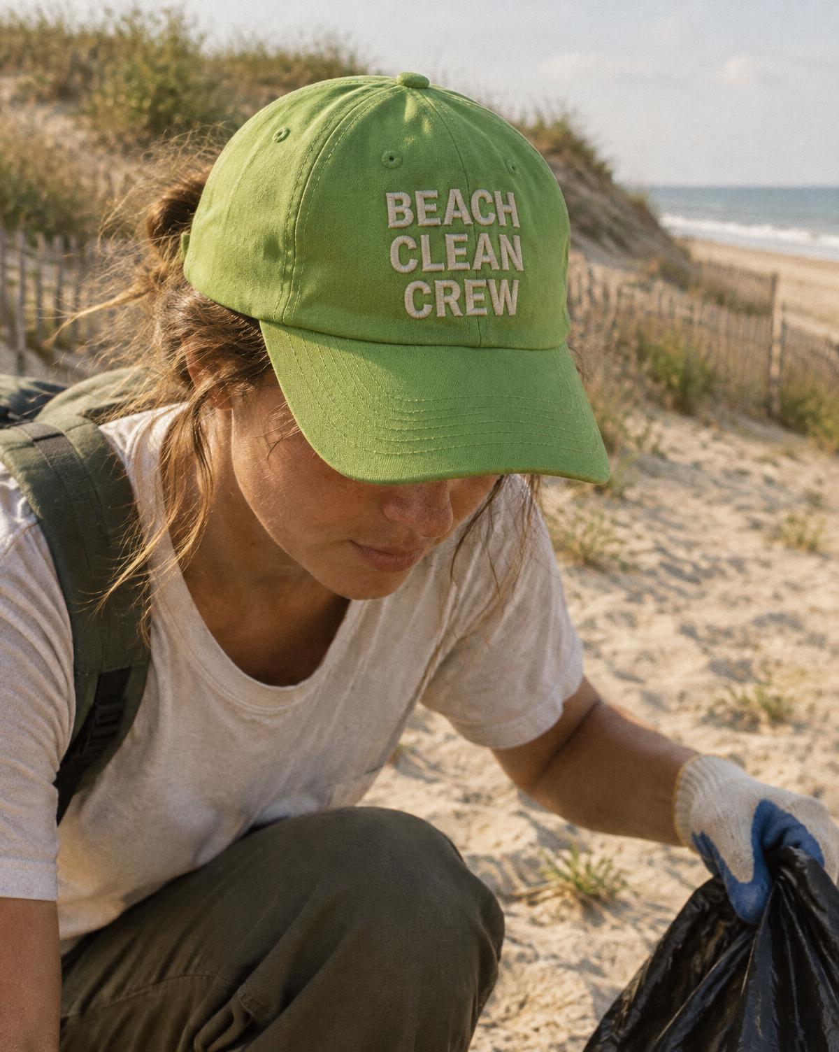 Volunteer in a green cap with Beach Clean Crew stitched in cream, bending to pick litter in the dunes.