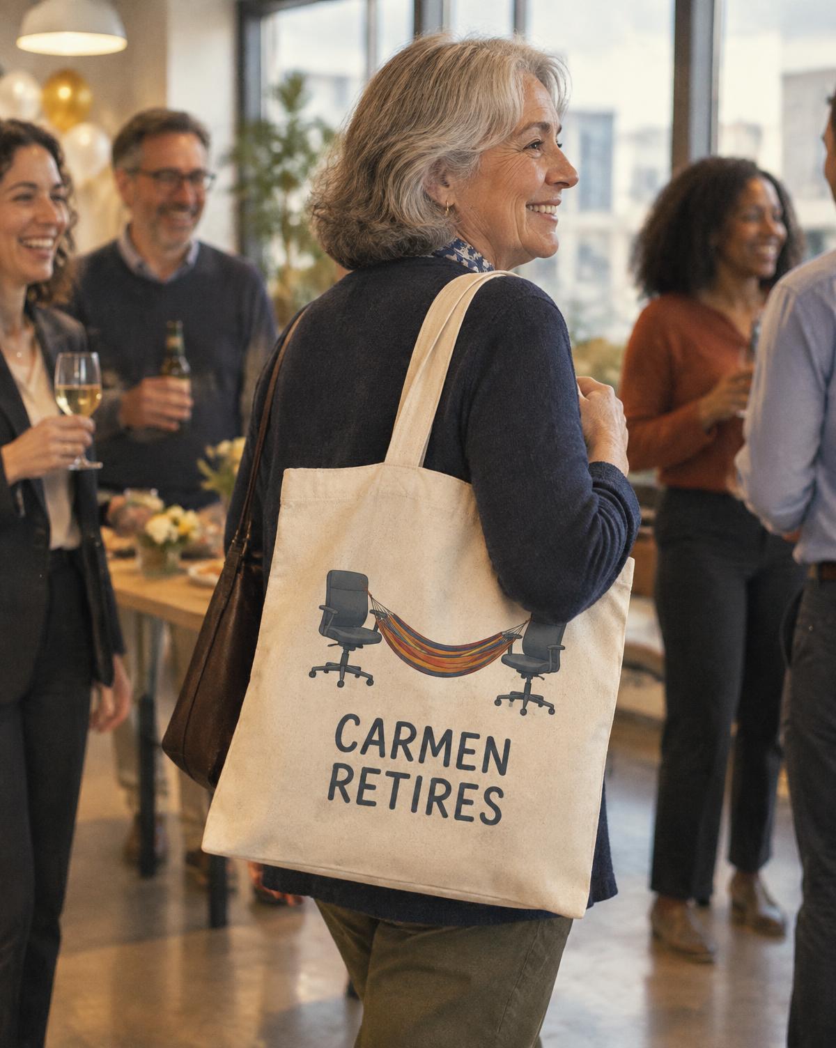Woman carrying a natural Carmen Retires tote with a hammock between two office chairs at an office party.
