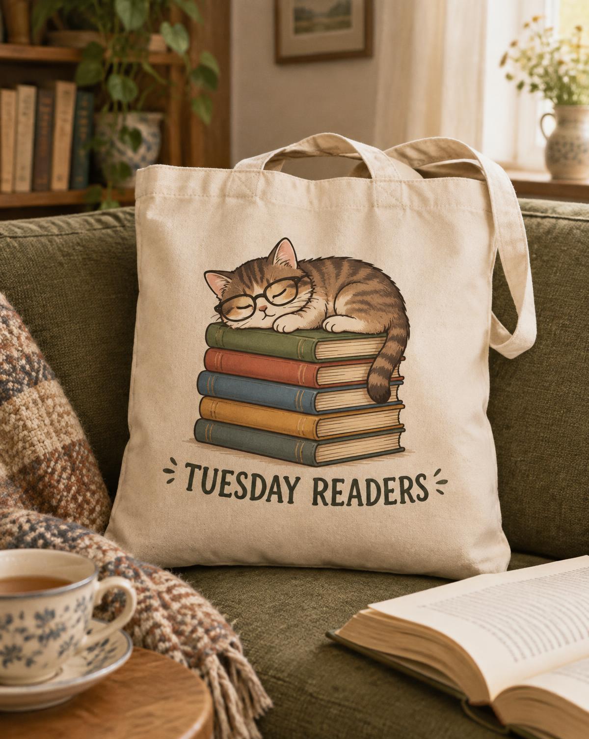 Natural Tuesday Readers tote with a cat dozing on a stack of books, propped on a green sofa beside tea.