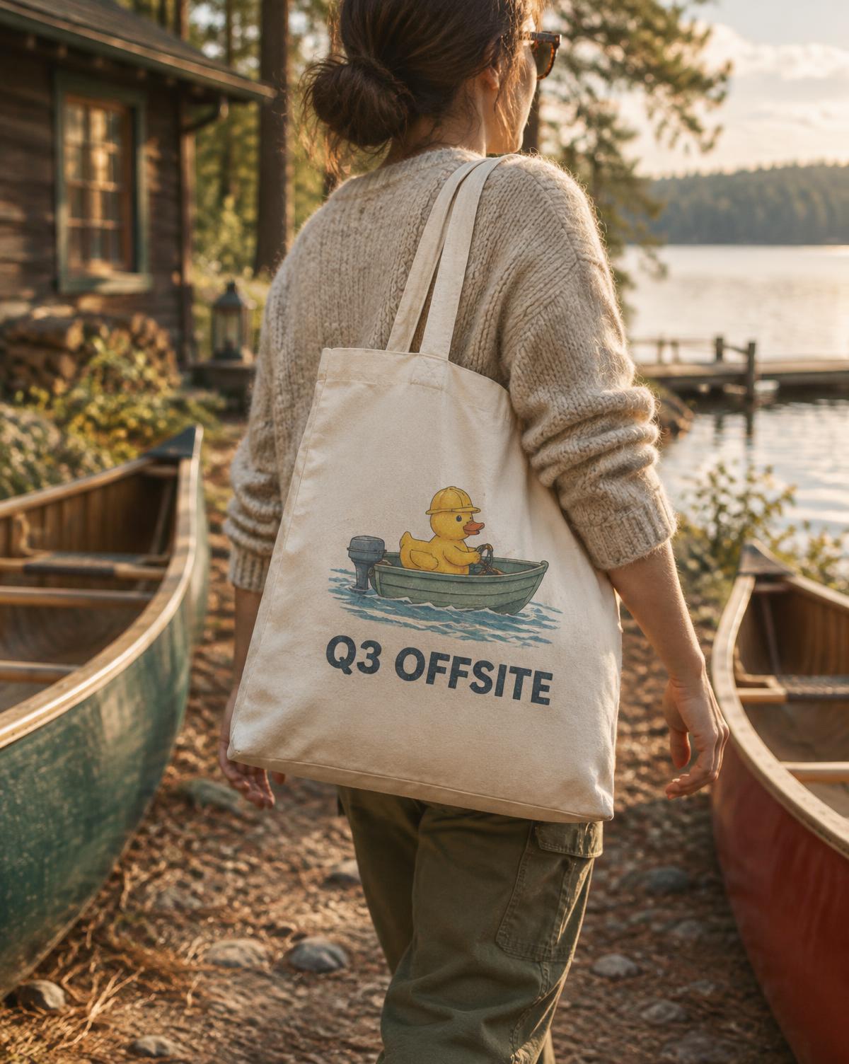 Woman carrying a natural Q3 Offsite tote with a duck in a hard hat on a boat, walking past canoes.