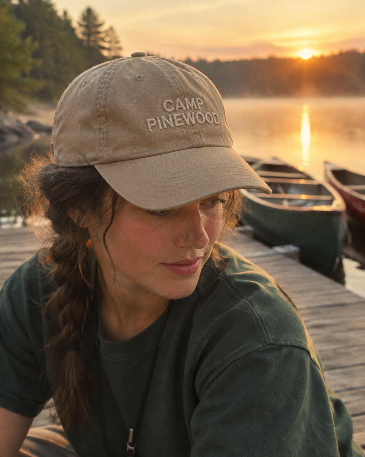 Counsellor in a tan cap with Camp Pinewood stitched in cream on a dock at sunrise over the lake.
