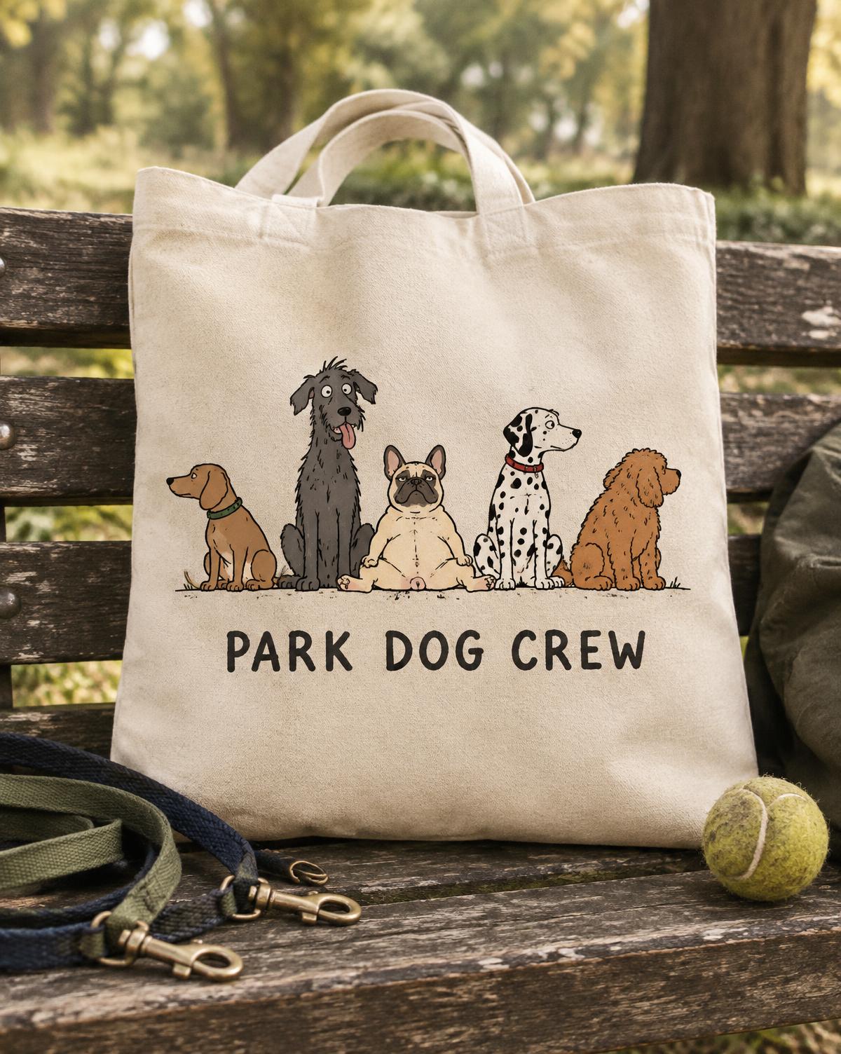 Natural tote with five very different cartoon dogs and Park Dog Crew lettering on a bench with a tennis ball.