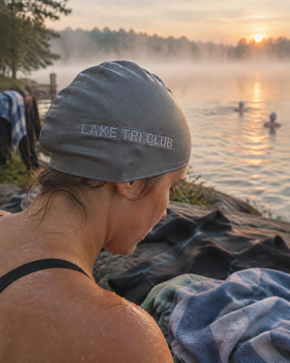 Grey swim cap with Lake Tri Club lettering on a swimmer looking down at the lake shore at sunrise.