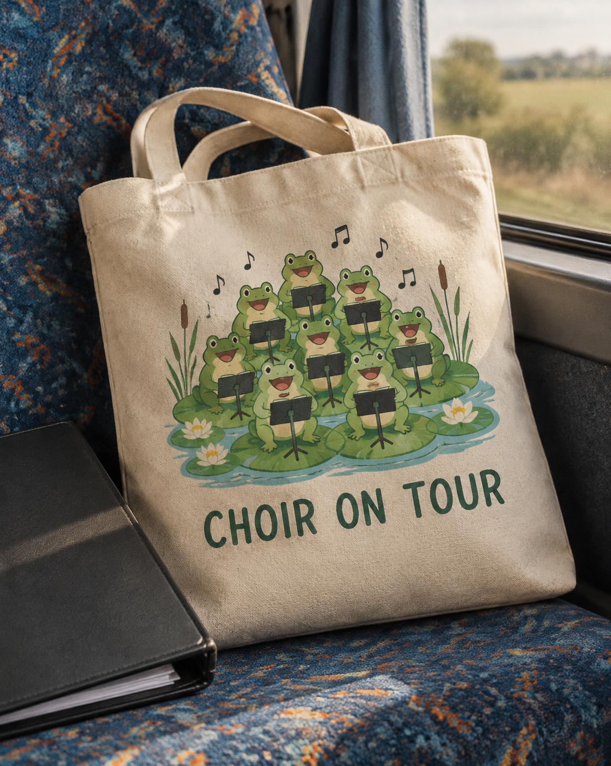 Natural tote with a frog choir at little music stands and Choir On Tour lettering on a coach seat.