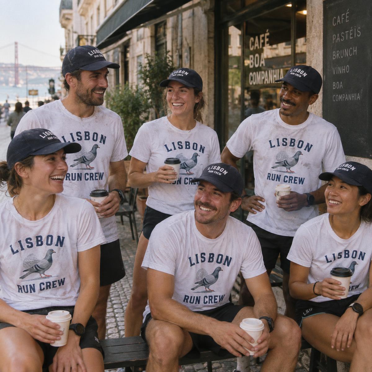 Run club with coffees after a run in matching printed tees and embroidered navy caps