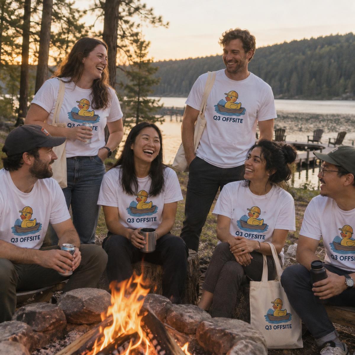 Coworkers around a lakeside campfire in matching Q3 Offsite tees with tote bags