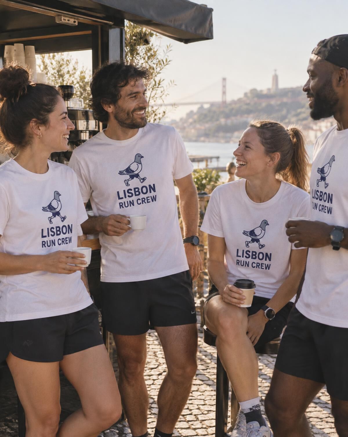 Four friends at a coffee stand after a run in matching white Lisbon Run Crew tees